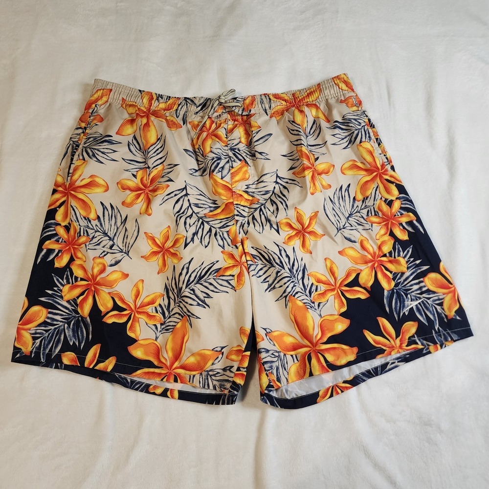 Speedo Mens Navy/Orange Floral Swim Trunks Surf Board Shorts, Lined, Pockets, XL